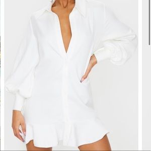 Lani the Label white button down long sleeve dress with ruffle on bottom